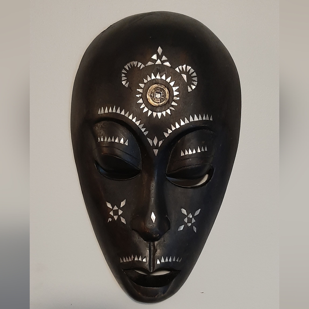Tribal Black Hand Carved Wooden Wall Mask Inlay Mother of Pearl Vintage